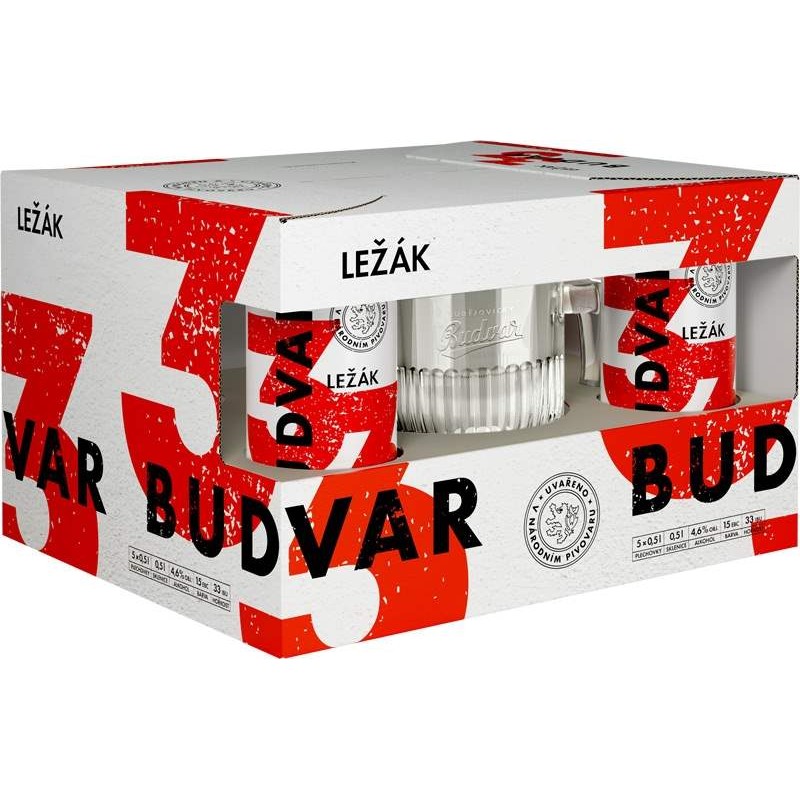 Budweiser Budvar 33 světlý ležák multipack 5x500ml plech + krýgl